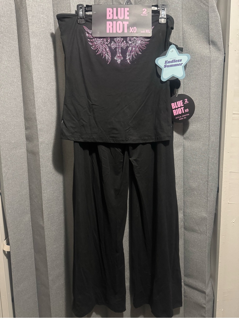 Women's Black Two-Piece Set with Bedazzled Pink Detail